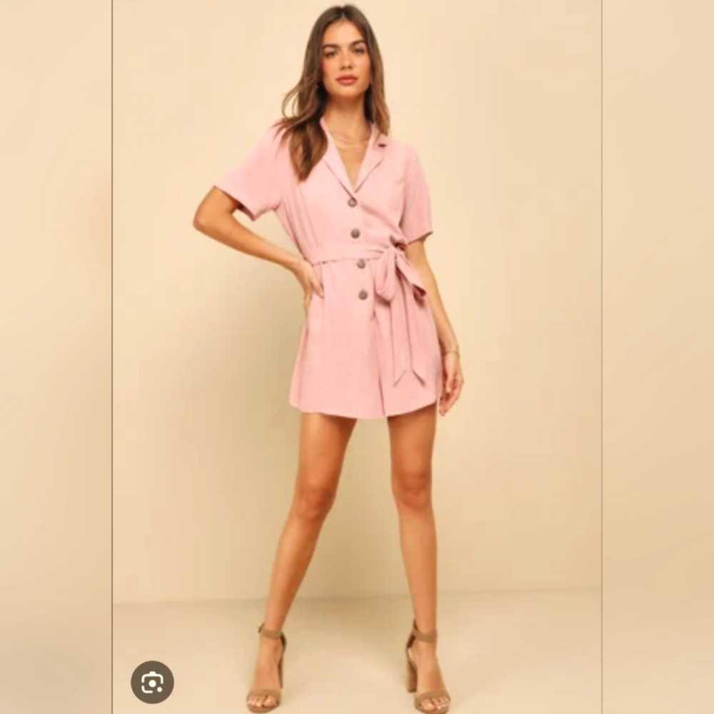LULUS DARLING APPROACH DUSTY ROSE SHORT SLEEVE LINEN ROMPER SIZE X LARGE NWT
